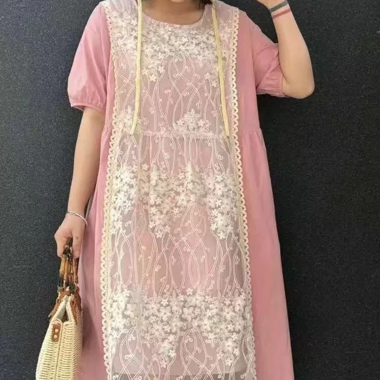 蕾丝拼接高个子轻奢中长裙夏季遮肚显瘦气质连衣裙C8171