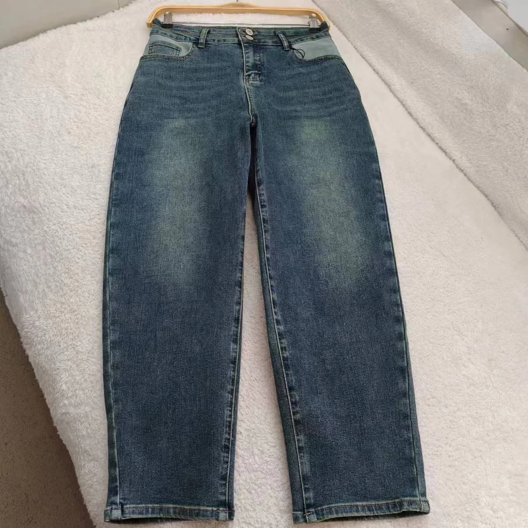 拼接梨形身材宽松两粒扣老爹萝卜九分牛仔裤 C8098