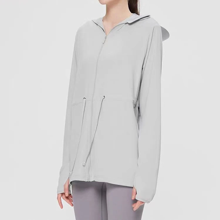 女士遮阳有帽檐轻薄收腰抽绳长袖防晒衣C6948