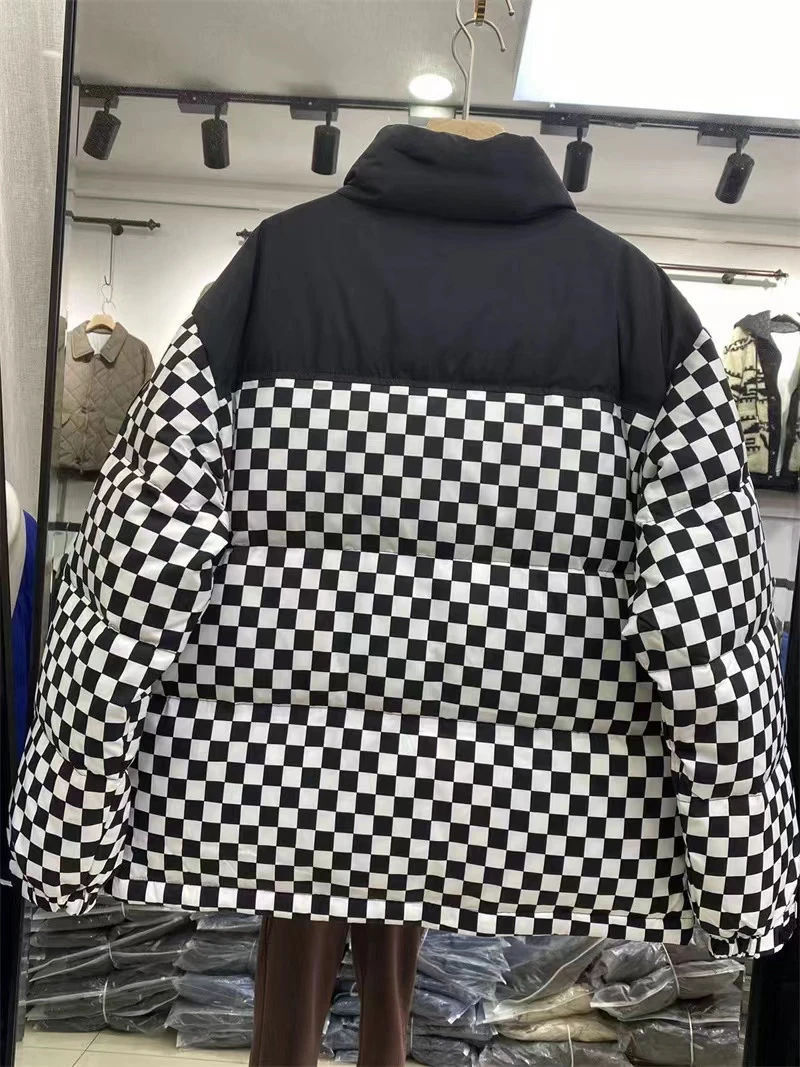 冬季新款时尚休闲黑白格子加厚拼接短款羽绒服C2571