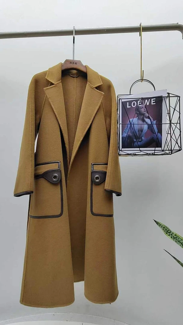 休闲上衣设计师中长款羊绒潮流翻领皮质拼接口袋大衣C1912