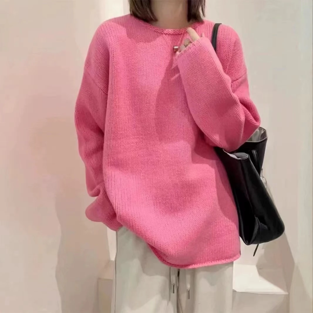 秋冬设计感卷边慵懒风软糯休闲纯色长款针织圆领毛衣H1469