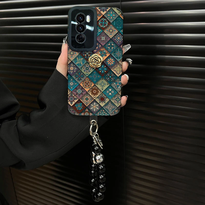 适用【opporeno12】五彩图腾ins风秋冬皮质创意全包网红防摔手机壳