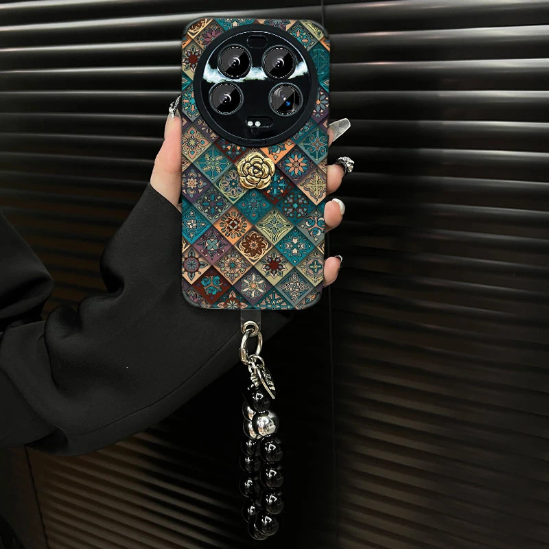 适用【小米14ultra】五彩图腾ins风秋冬皮质创意全包网红防摔手机壳