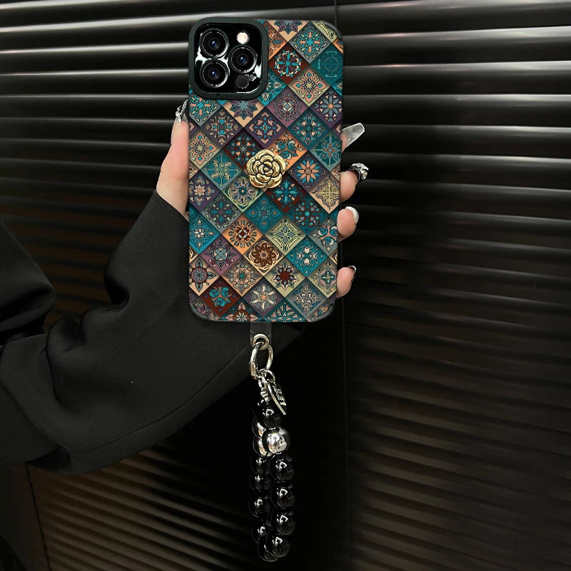 适用于【苹果14pro】五彩图腾ins风秋冬皮质创意全包网红手机壳女款