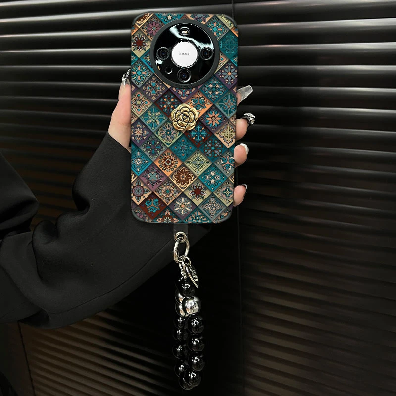 适用【华为mate60】五彩图腾ins风秋冬皮质创意全包网红手机壳女款