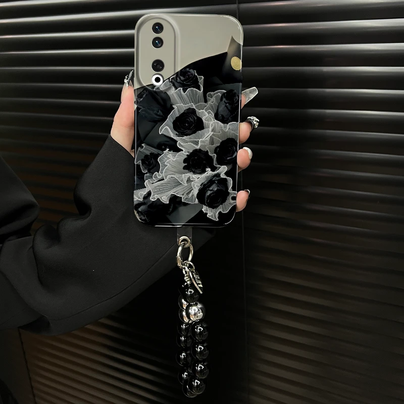 适用【荣耀80pro】ins风菲林壳黑玫瑰高级感创意网红个性手机壳女款