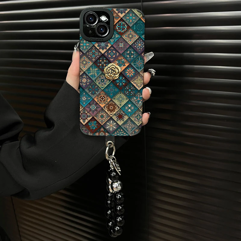 适用【苹果13】五彩图腾ins风秋冬皮质创意全包网红防摔手机壳女款