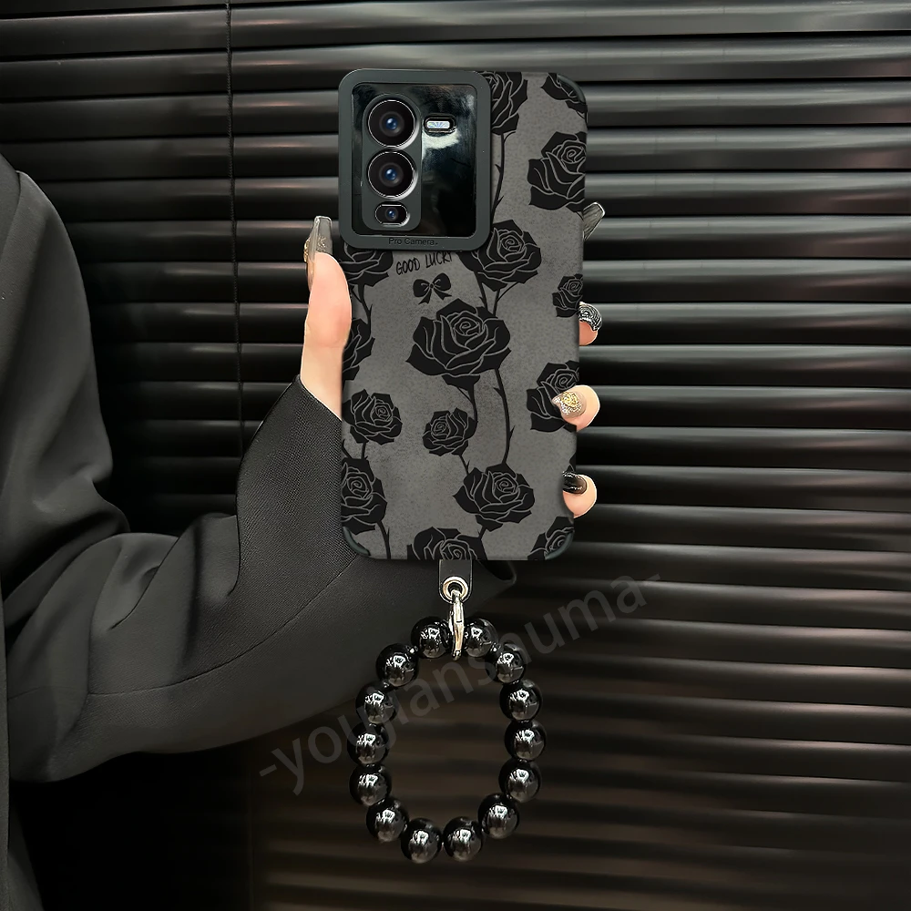 适用【vivos15pro】手机壳复古皮质软壳ins蝴蝶结黑玫瑰女款保护壳