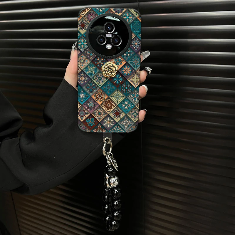 适用【荣耀magic5】五彩图腾ins风秋冬皮质创意全包网红防摔手机壳