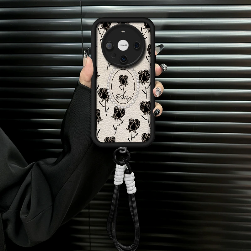适用【华为mate60pro】ins风皮质法式玫瑰花创意全包网红手机壳女款