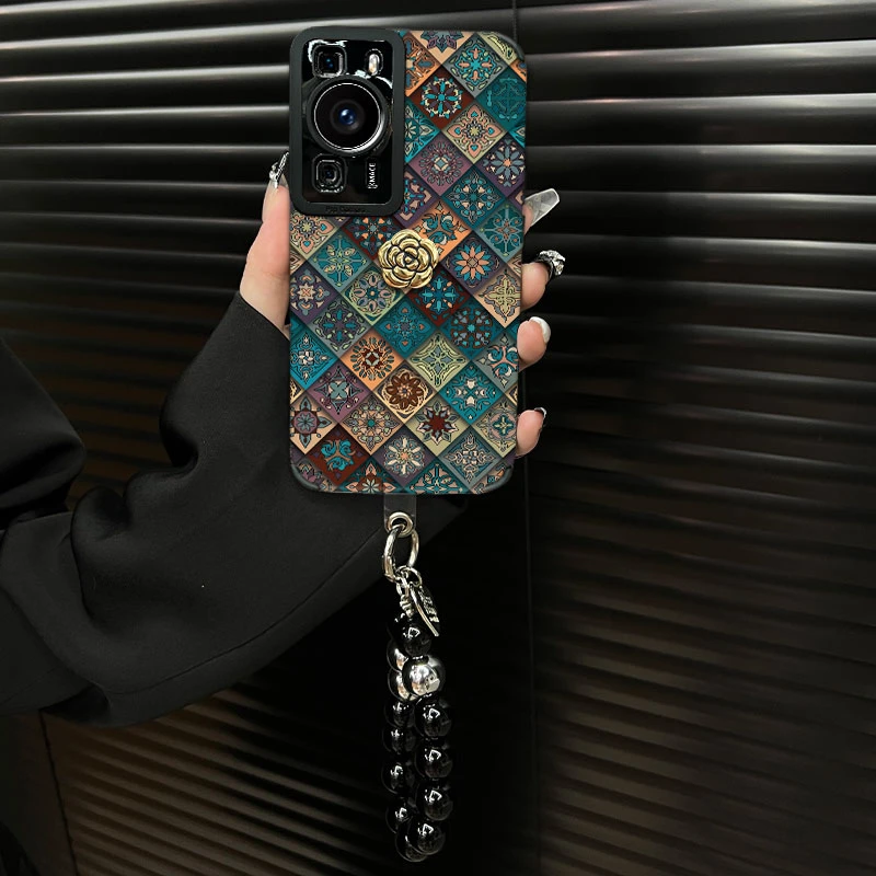 适用【华为p60pro】五彩图腾ins风秋冬皮质创意全包网红手机壳女款