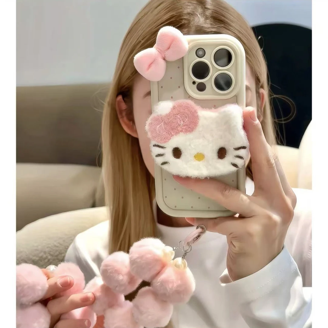 秋冬毛绒kitty猫适用苹果16/15promax手绳13手机壳华为P70小米14