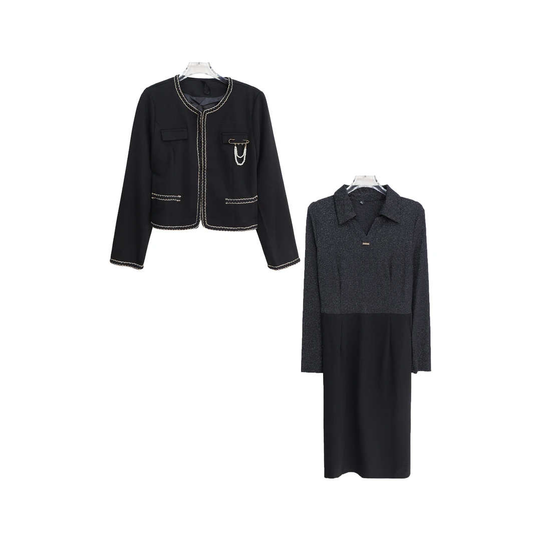 小香风轻奢重工外套亮闪拼接连衣裙套装S3540