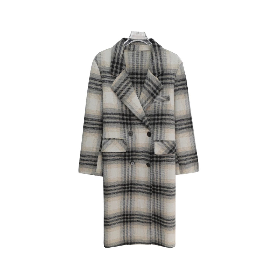 韩版复古格纹高级感长款西装领毛呢外套DY2480