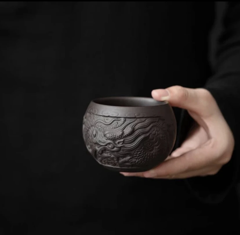 浮雕祥龙紫砂泡茶杯陶瓷主人杯功夫单杯家用复古品茗杯A34320