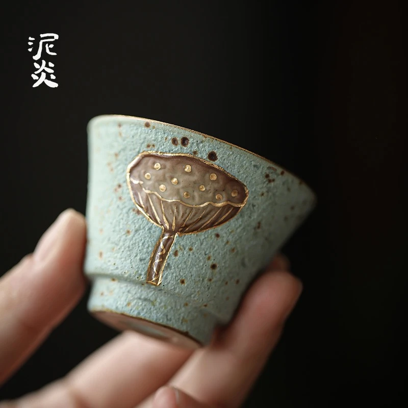 莲生吉祥品茗杯 日式手工浮雕窑变复古陶瓷功夫茶具单杯A33114