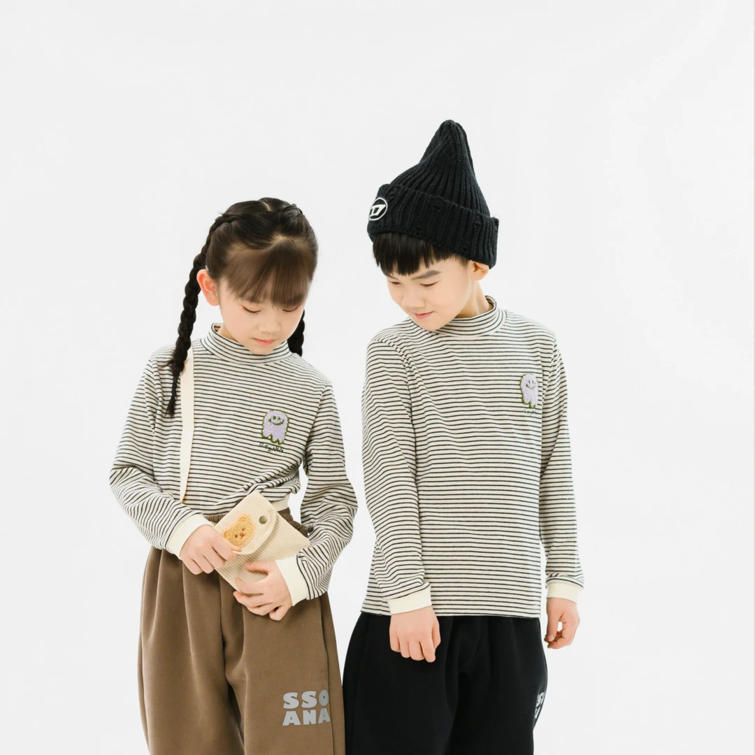 【草莓香蕉】秋冬儿童半高领条纹打底衫男童女童百搭长袖T恤中领