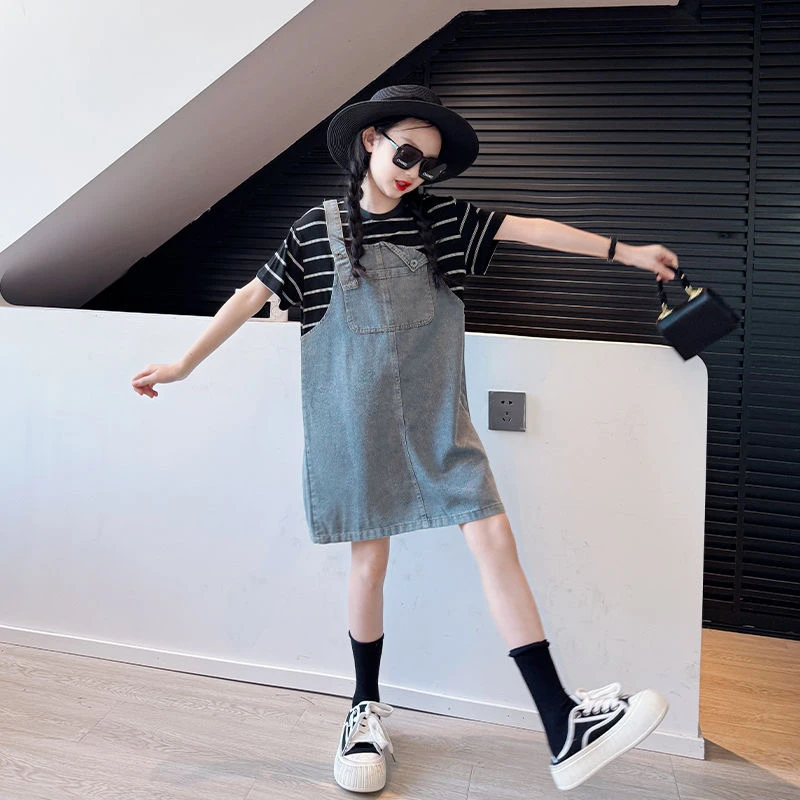 女大童假两件裙子夏季2024新款儿童短袖连衣裙女童夏装牛仔背带裙