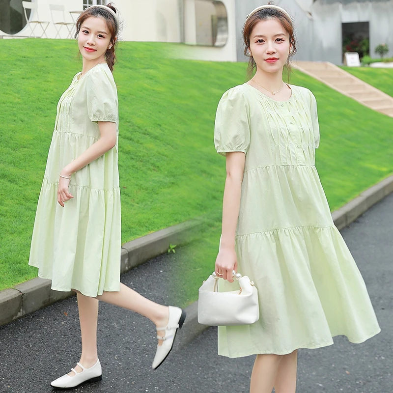 孕妇夏装时尚遮肚连衣裙中长款小清新宽松大码圆领裙子高级感夏季