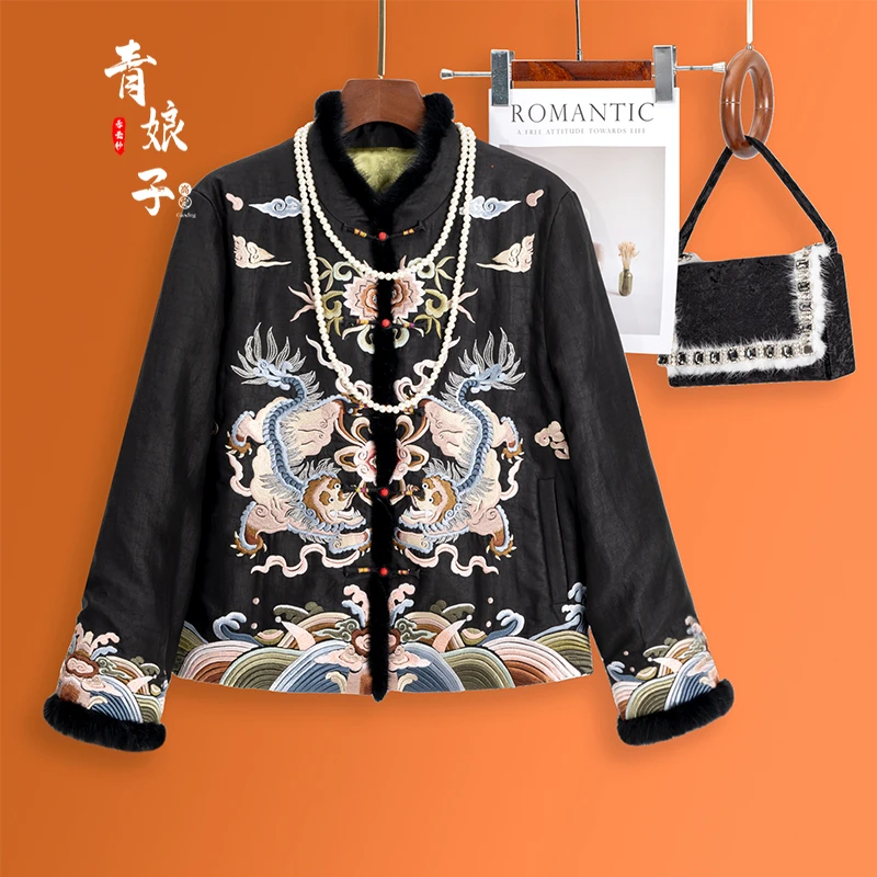 青娘子香云纱（月婵）龟裂纹中国风刺绣新中式秋冬百搭棉服50971