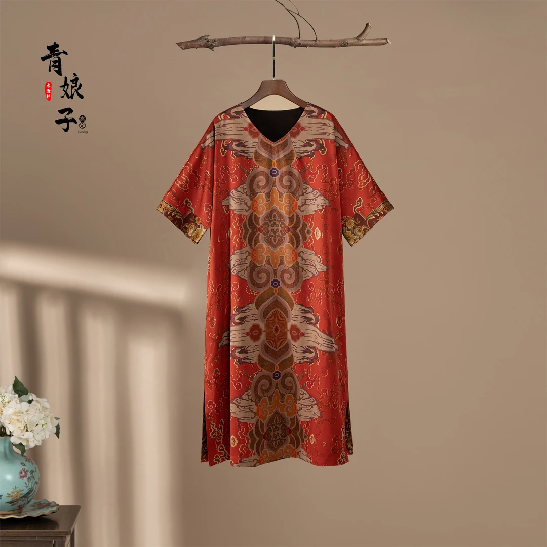 青娘子香云纱-（青音）重缎印花中国风新中式复古气质太太服50159