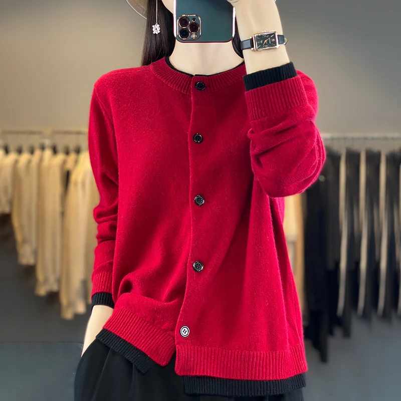 品牌假两件羊毛针织开衫女撞色宽松外搭秋冬新款百搭毛衣外套披肩