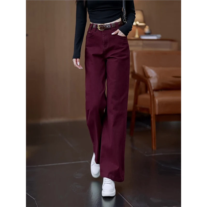 安哥拉红直筒牛仔裤女2024新款高腰窄版秋冬红色宽松加绒阔腿裤子