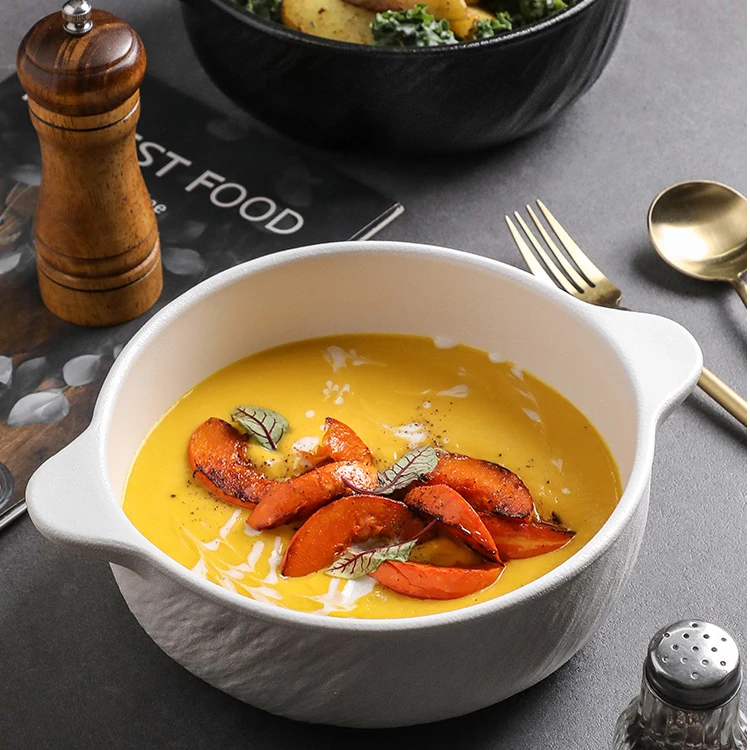 简约岩石纹陶瓷双耳汤碗防烫烤碗大容量碗泡面碗家用餐具大号面碗