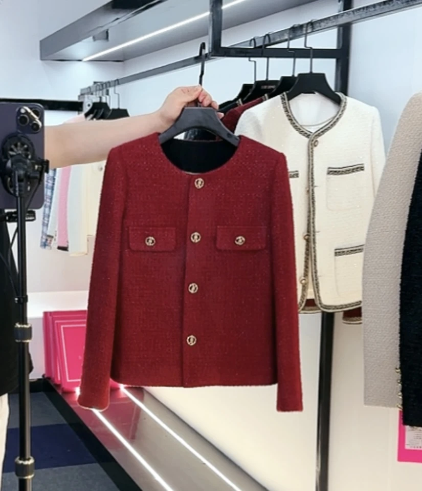 [柒哥高定]秋冬款款显瘦拉菲红减龄百搭时尚小香风外套女士