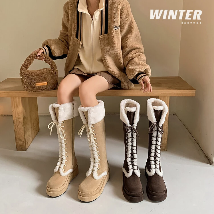 2025冬季新款厚底高筒雪地靴女加绒加厚羊羔毛马丁靴系带东北棉鞋