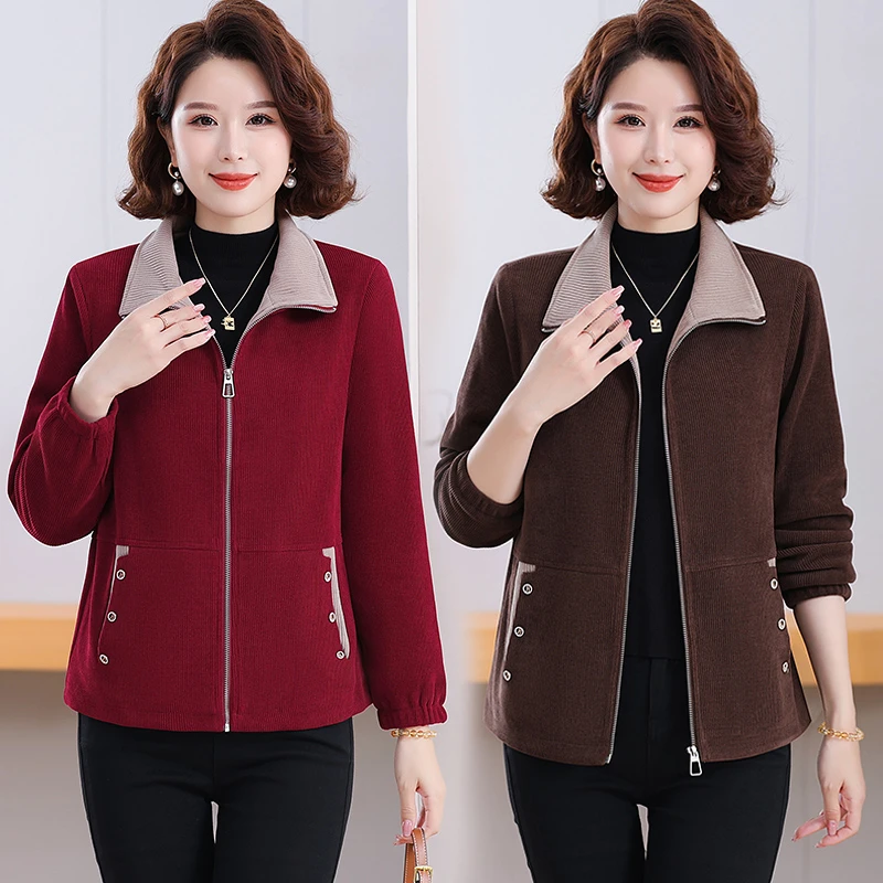 欧棉绒中年妈妈装秋季新款休闲拉链开衫百搭纯色显瘦翻领上衣外套