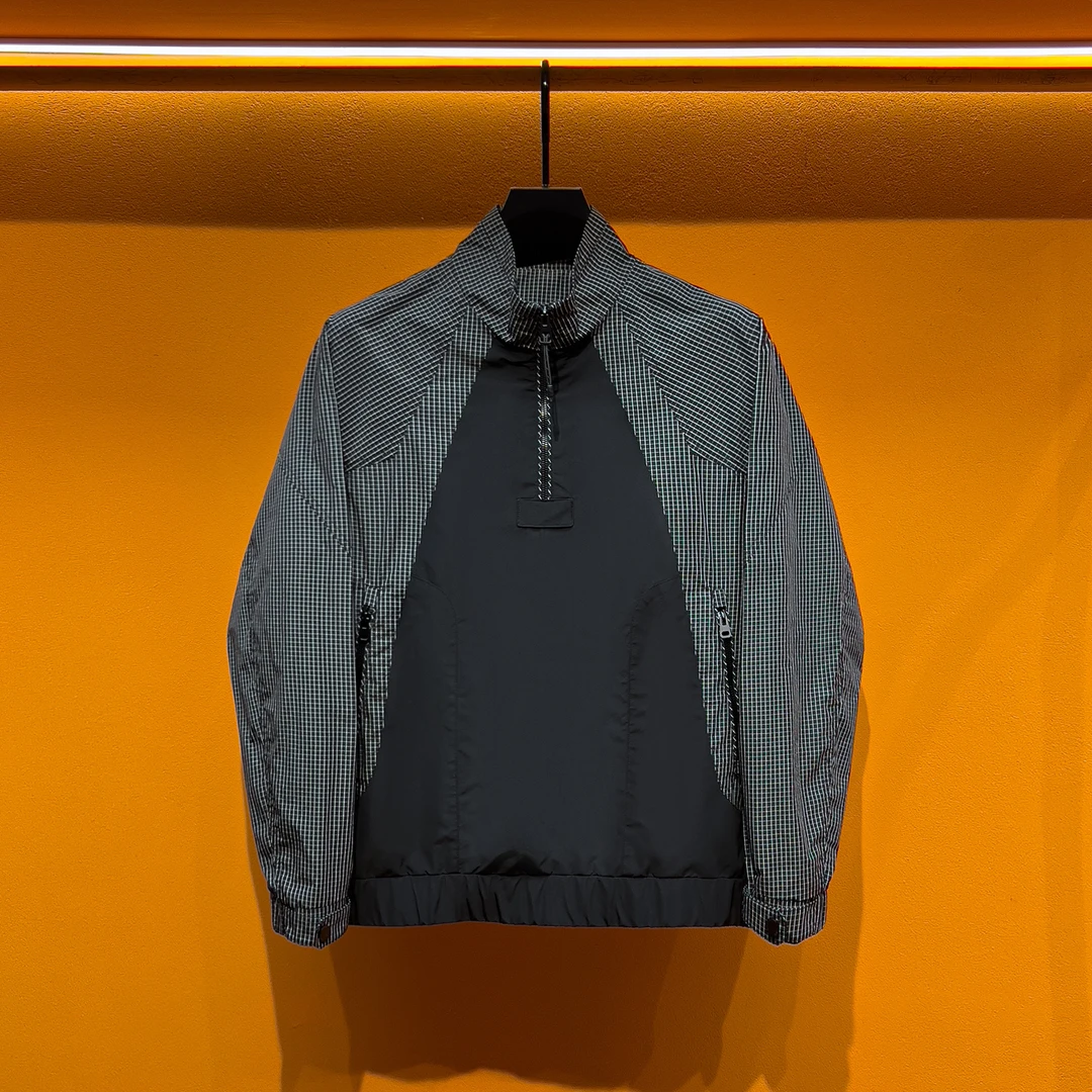 春季男士立领长袖夹克百搭潮流日系复古时尚拼接格子休闲外套