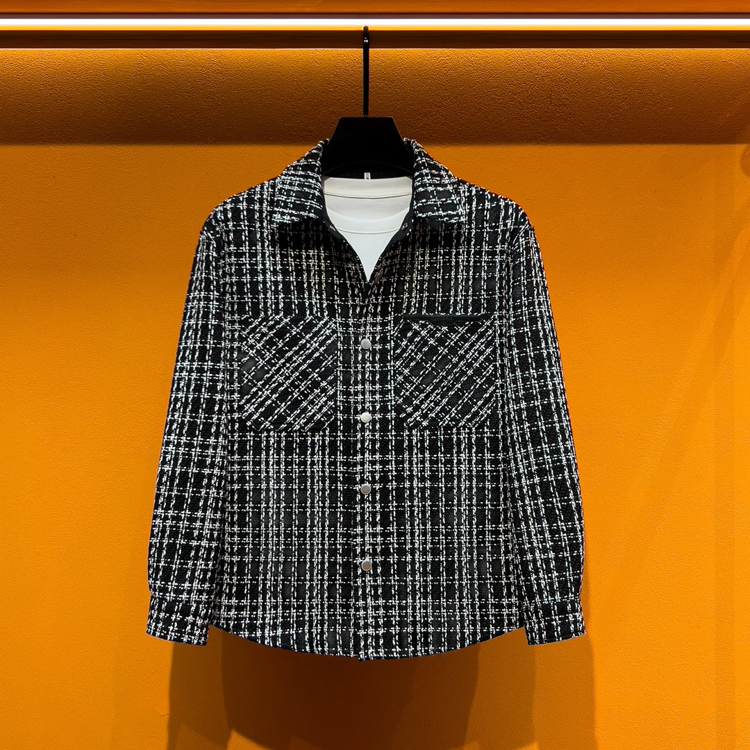 秋季男士小香风格纹长袖外搭衬衣潮流休闲百搭衬衫外套男