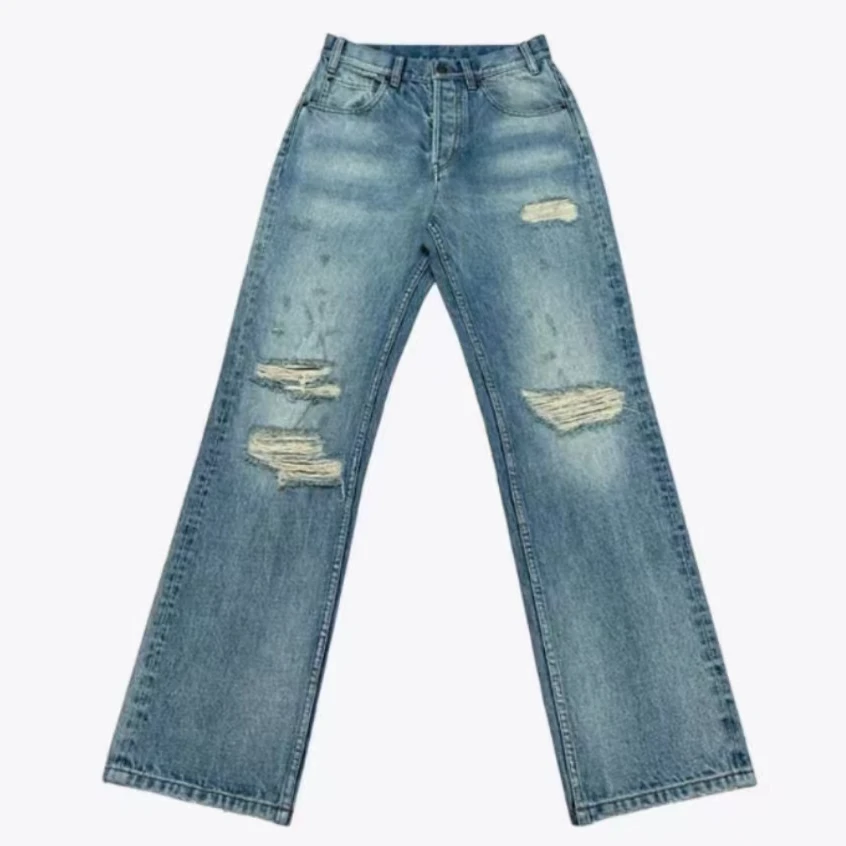 FM 2024新款春夏小众设计高腰复古洗水做旧撕裂 （破洞直筒牛仔裤）
