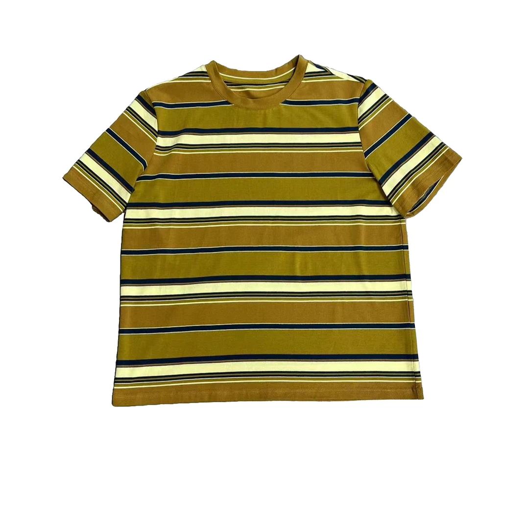 FM潮流新款复古撞色条纹棉质休闲百搭时尚（卡其条纹短袖）女款T恤