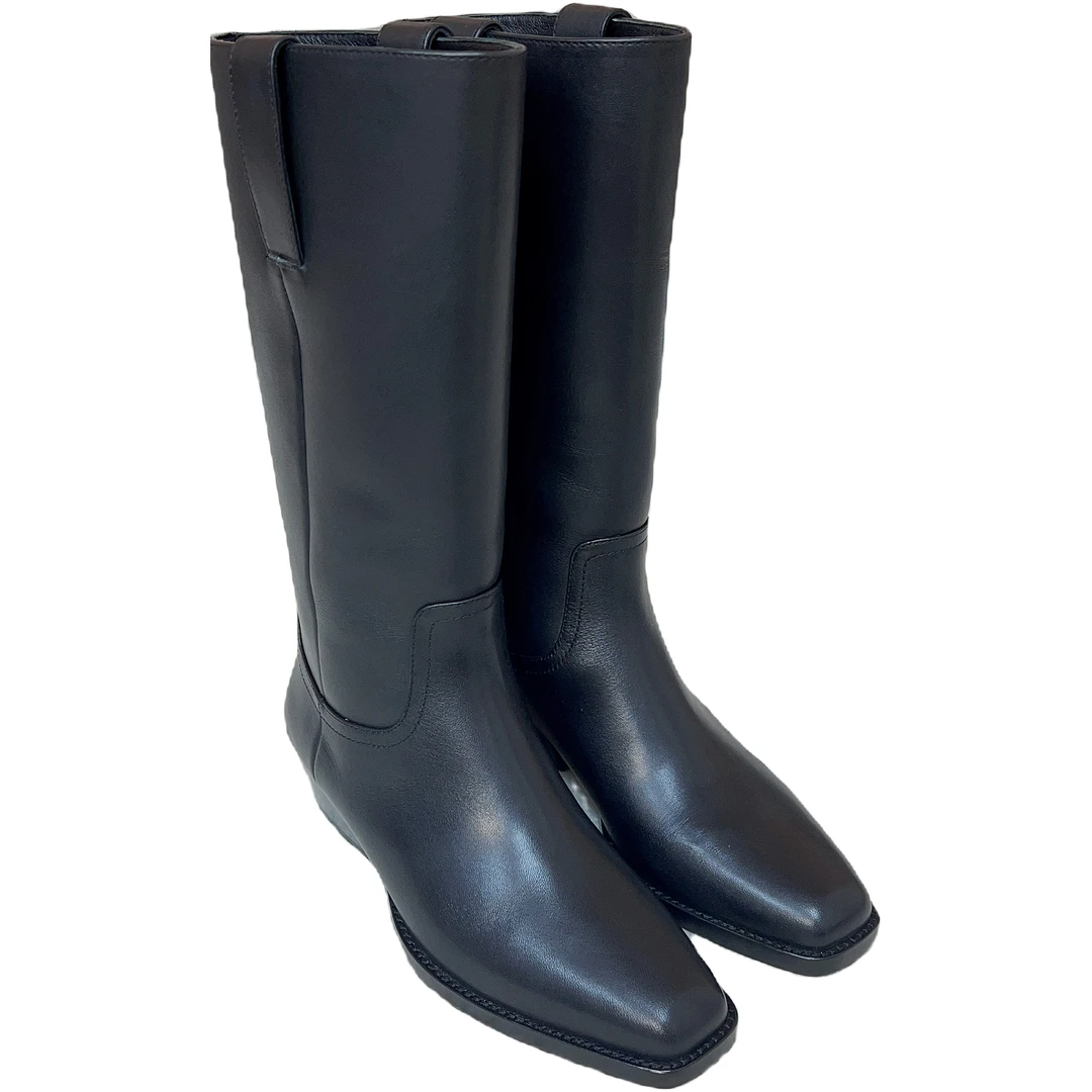 FM秋冬新款香奶奶时尚百搭真皮英伦风粗跟女士中筒黑色长筒骑士靴