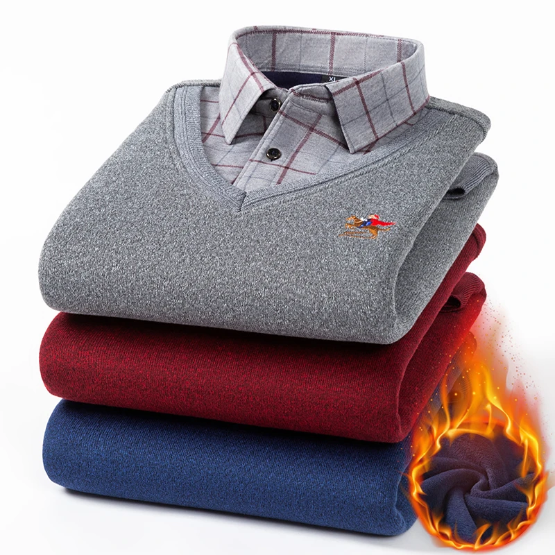 冬季男士长袖假两件保暖衬衫加绒加厚 中年爸爸装衬衣领针织衫
