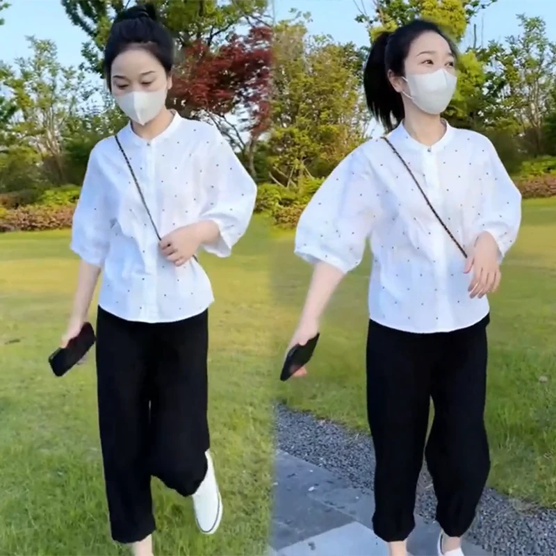 今年流行夏季新款时尚穿搭小个子气质显瘦遮肉衬衫上衣高腰阔腿裤