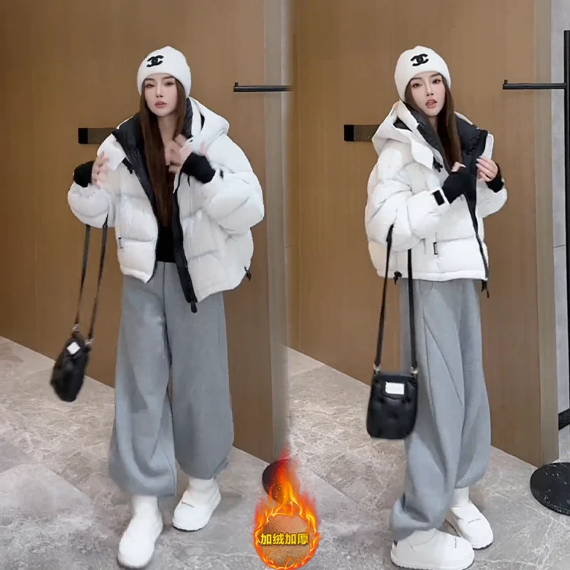 韩系小香风时尚穿搭一整套2024冬季新款气质连帽棉服加绒阔腿裤女