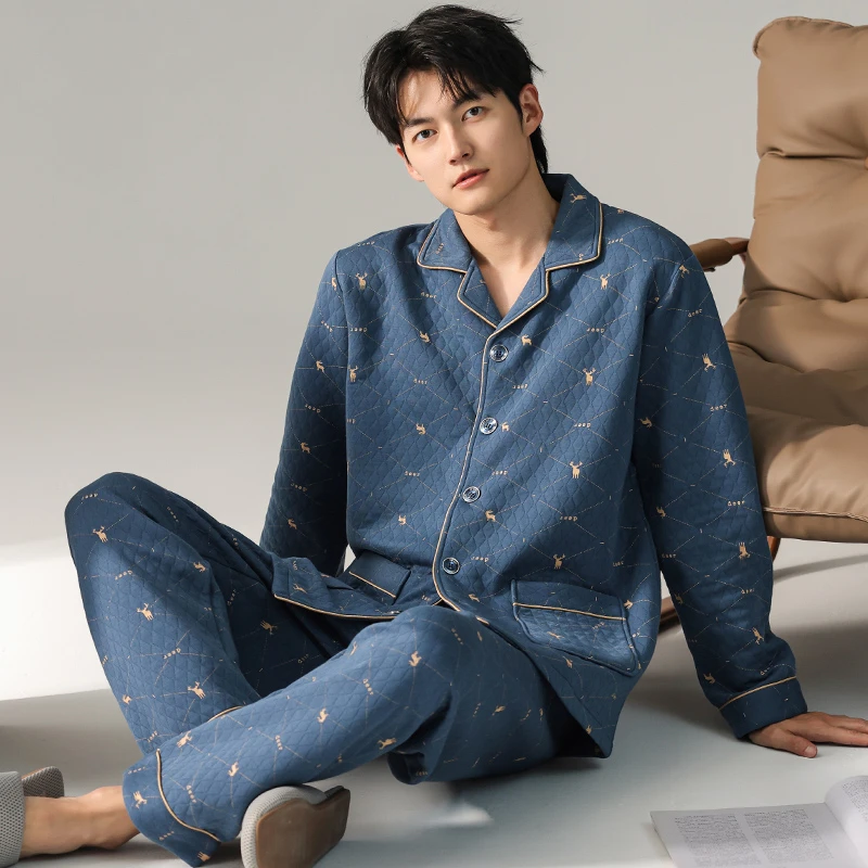 睡衣男款冬季加厚简约新款翻领夹层秋冬男士可外穿家居服套装
