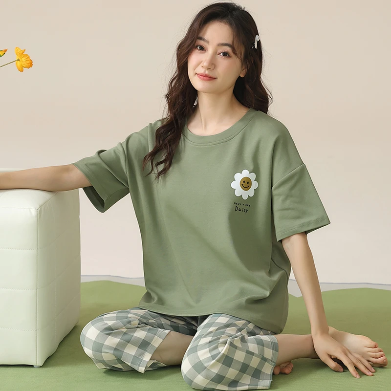 带胸垫睡衣女短袖七分裤家居服2024年新款可外穿大码夏季薄款棉质