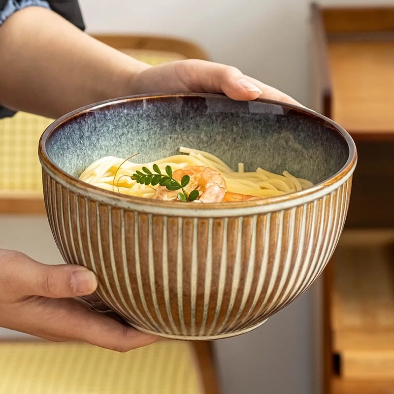 复古风窑变陶瓷大碗家用早餐面碗沙拉碗浮雕大号汤碗高颜值泡面碗