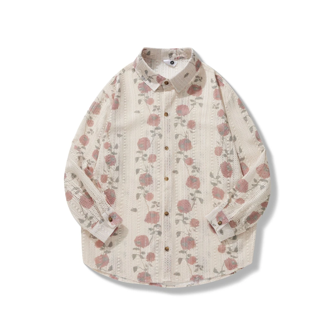 秋季慵懒风镂空衬衫男小众设计感衬衣美式花卉宽松复古气质上衣