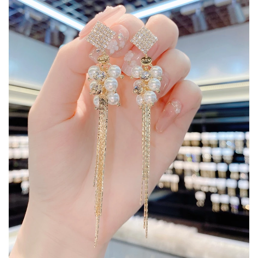 s925银针微镶菱形长款流苏耳坠女气质时尚显瘦冷淡风耳环耳饰