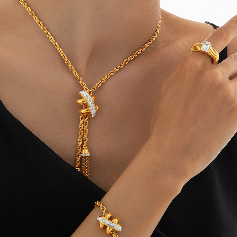 欧美简约麻花链编织钛钢镀金饰品轻奢设计感气质百搭首饰套装