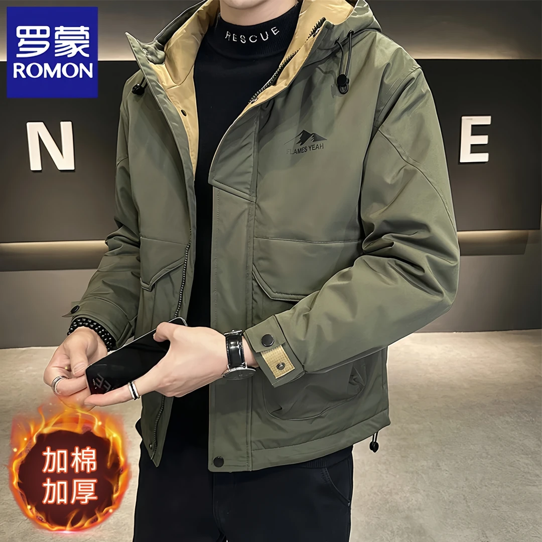 Romon/罗蒙秋冬季男装新款潮流连帽棉衣外套加棉加厚防风保暖棉服