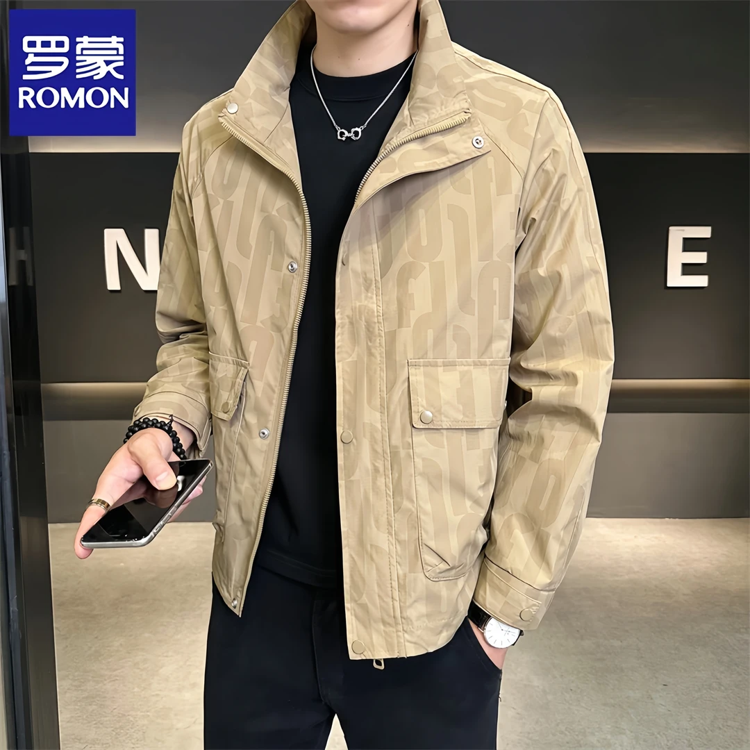 Romon/罗蒙新款暗花夹克工装春秋季高端轻奢立领帅气休闲男士外套