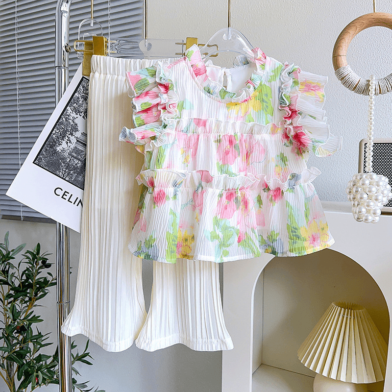 女宝夏款甜美洋气碎花荷叶边上衣无袖娃娃衫+时尚长裤两件套