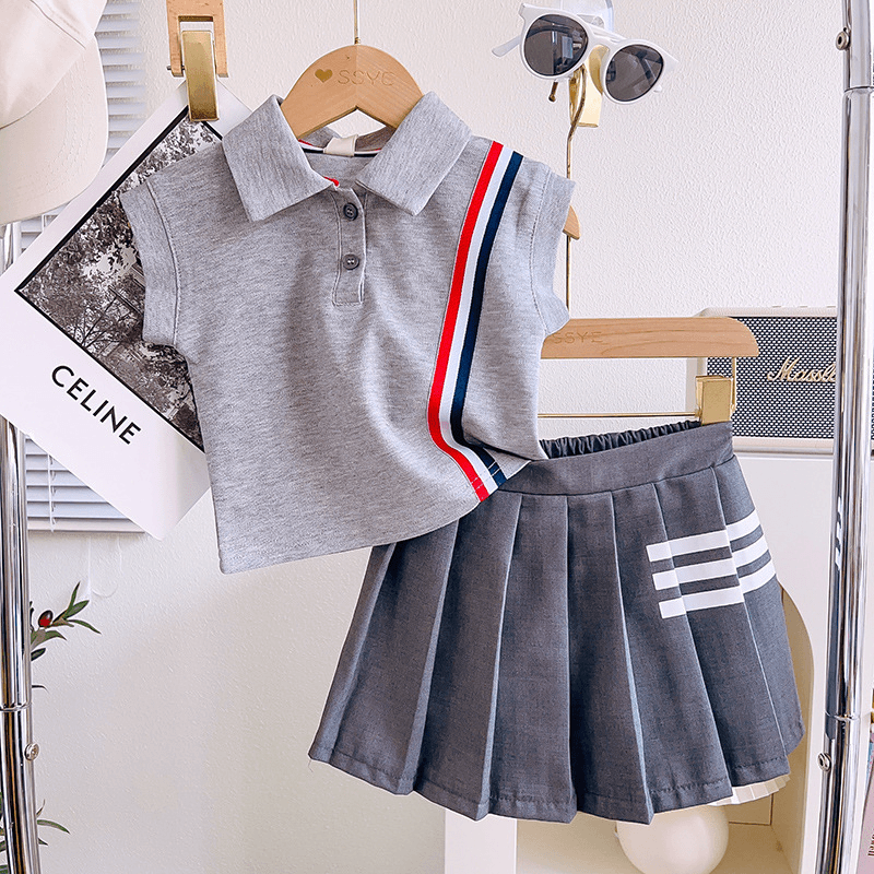 2024夏季女童灰色高级感英伦学院风翻领短袖百褶裙TX991